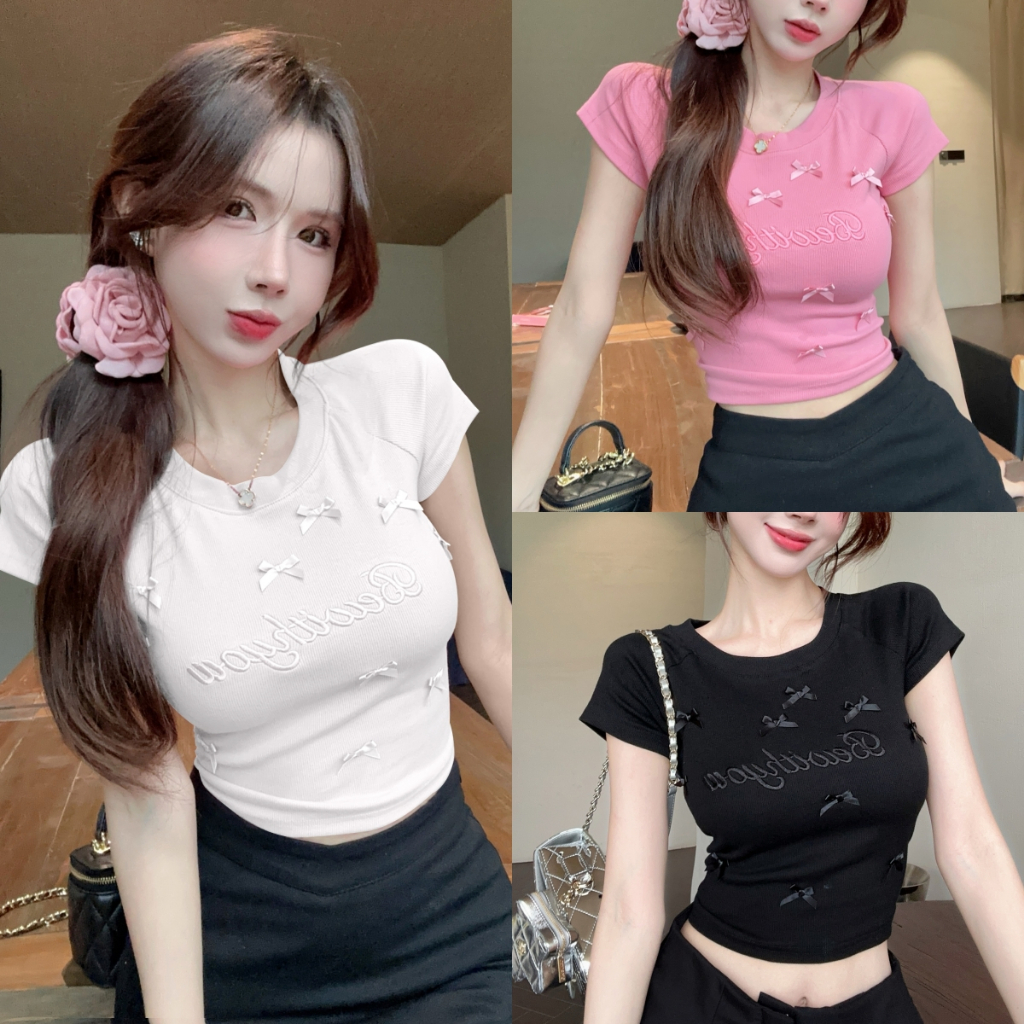 Luna Shop 🍒 เสื้อยืดแขนสั้นลายโบว์น่ารักน่ารักดีไซน์แบบคนส่วนน้อยเสื้อตัวสั้น