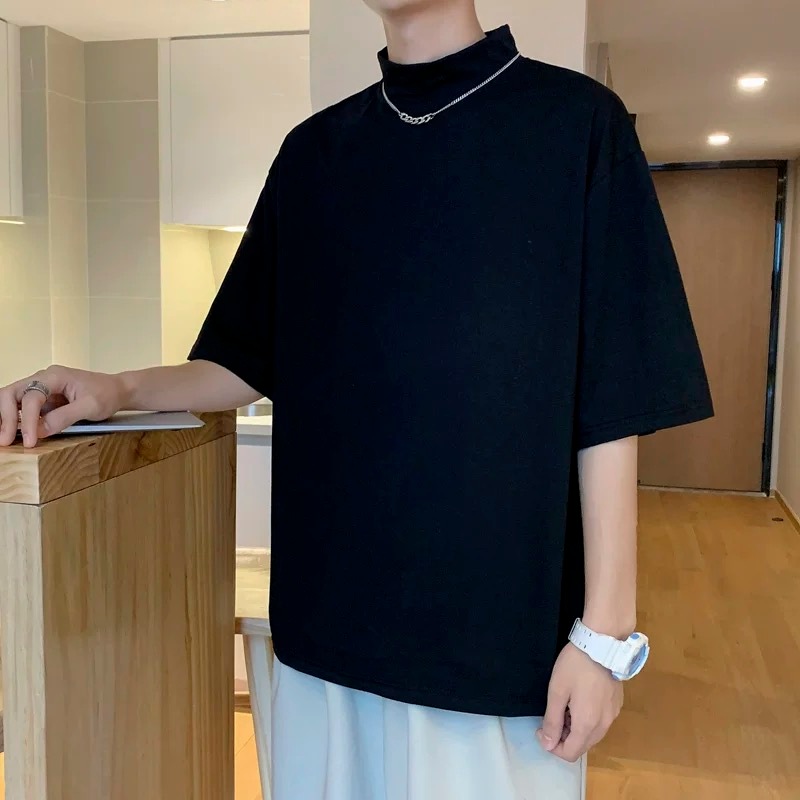 M&M คอสูงครึ่ง แขนสั้นผู้ชาย เสื้อตัวในคอกลม ลำลองแมทช์ลุคง่าย