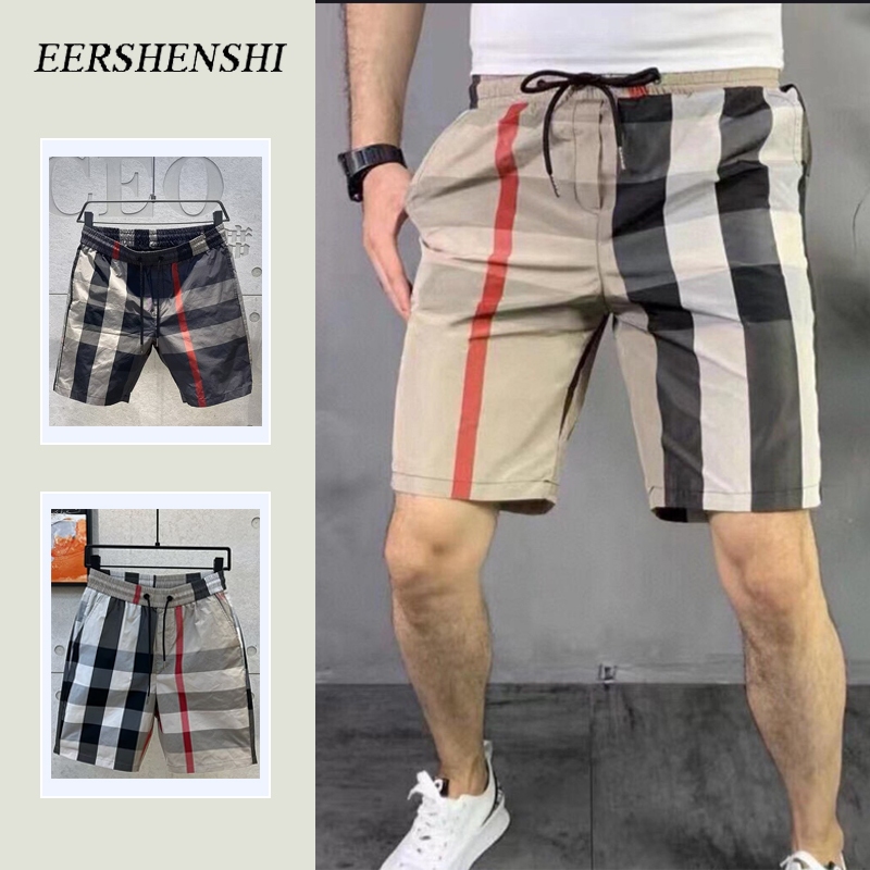 EERSHENSHI เอร์เชนชิ กางเกงขาสั้นลายสก๊อตมีสไตล์พร้อมเข็มขัดยางยืดและเชือกรูดเพื่อความสบาย