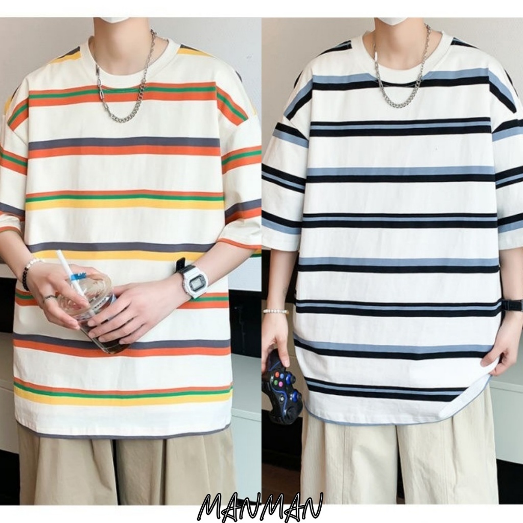 MANMAN เสื้อลายทาง แขนสั้นผู้ชาย แบบหลวม แขนสั้น ลำลองยอดนิยม