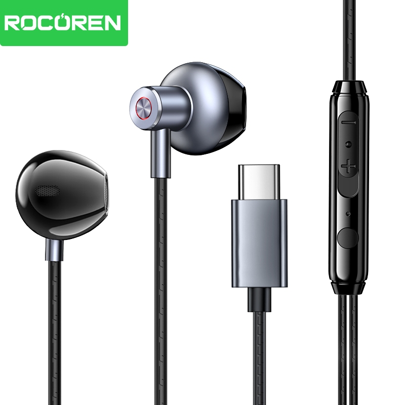 Rocoren Type-C หูฟังแบบมีสายกึ่งอินเอียร์เบสสเตอริโอพร้อมไมโครโฟน HD และการควบคุมระดับเสียงสําหรับโทรศัพท์ Android/แล็ปท็อป