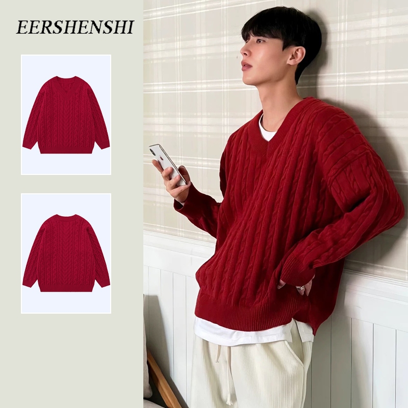 EERSHENSHI เอ้อเชนชิ เสื้อกันหนาวผู้ชายปีใหม่เสื้อกันหนาวคอวีสีแดงชุดลําลองทุกวัน
