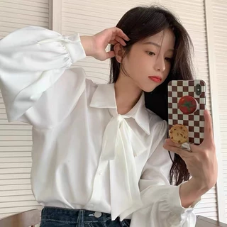 S-XL เสื้อเชิ้ตผูกโบว์ ทรงหลวม แขนยาว ทรงสลิม สำหรับผู้หญิง