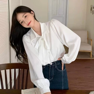 S-XL เสื้อเชิ้ตผูกโบว์ ทรงหลวม แขนยาว ทรงสลิม สำหรับผู้หญิง