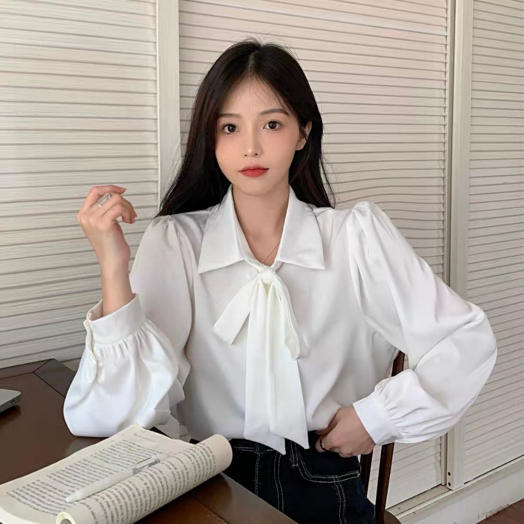 S-XL เสื้อเชิ้ตผูกโบว์ ทรงหลวม แขนยาว ทรงสลิม สำหรับผู้หญิง