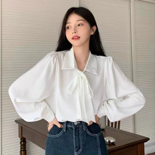 S-XL เสื้อเชิ้ตผูกโบว์ ทรงหลวม แขนยาว ทรงสลิม สำหรับผู้หญิง