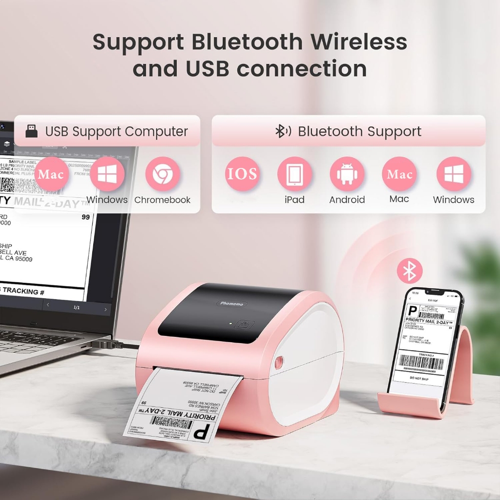 Phomemo D520BT เครื่องพิมพ์ใบปะหน้า  เครื่องพิมพ์สติ๊กเกอร์ บาโค้ด USB+Bluetooth A6 Thermal Printer