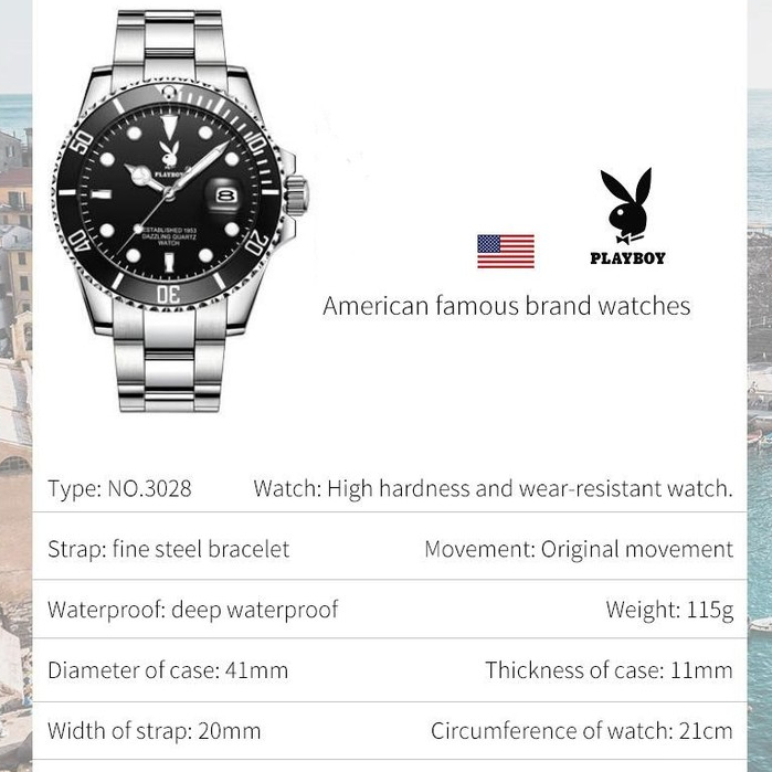 PLAYBOY นาฬิกาผู้ชายกันน้ำได้100%ของแท้ พร้อมกล่อง ดูวันที่ เรืองแสง สายสเตนเลส รับประกัน 3 ปี 3028