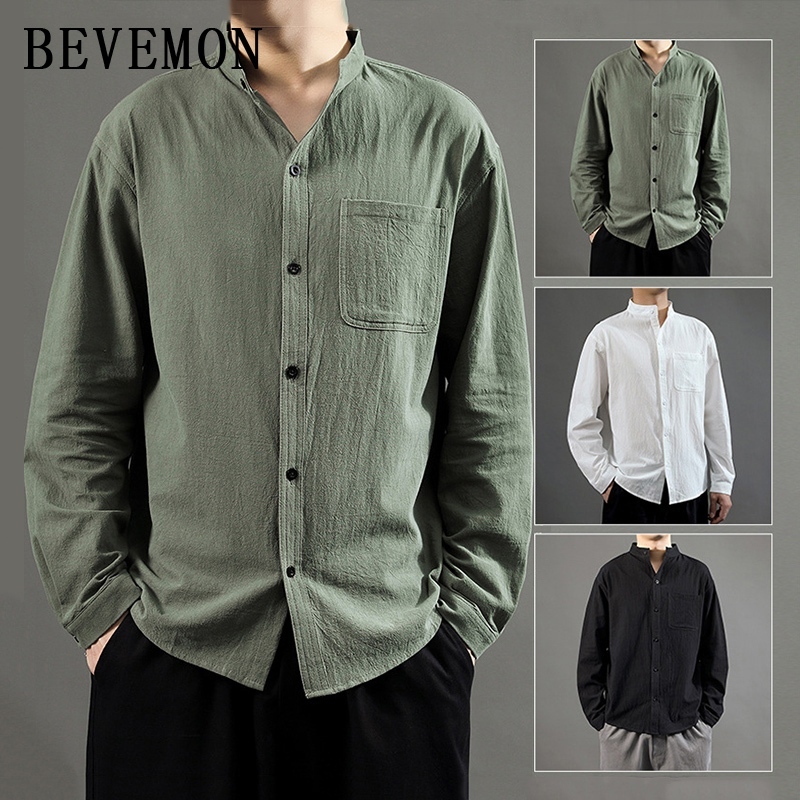 เสื้อเชิ้ตแขนยาวผู้ชายเสื้อยืดลําลองผ้าฝ้ายและผ้าลินินหลวมสําหรับชีวิตประจําวัน