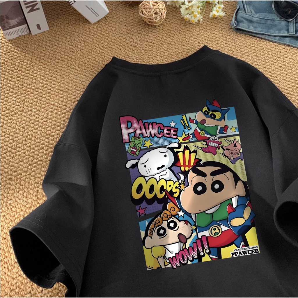 Pofloret เสื้อชินจัง oversize ผ้าฟอกวินเทจ ลายพิมพ์ตัวการ์ตูนสุด สไตล์เกาหลี ใส่ได้ทั้งชายและหญิง