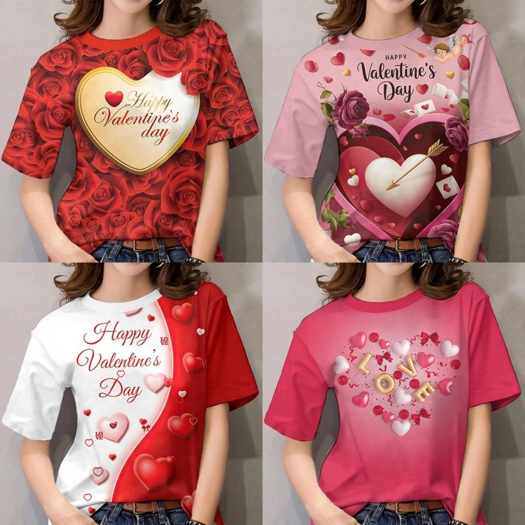 2568 วันวาเลนไทน์เสื้อยืดผู้หญิงความรักสีแดงพิมพ์เสื้อสวมหัวด้านบนหลวมแฟชั่นเสื้อยืดสีชมพูวันวาเลนไทน์