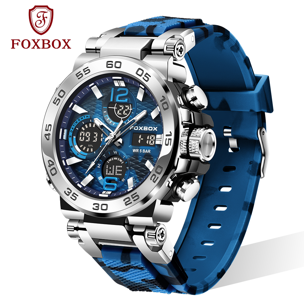 Foxbox นาฬิกาผู้ชาย แฟชั่น ดิจิตอล จอแสดงผลคู่ นาฬิกา LIGE กันน้ำ กีฬา ส่องสว่าง ควอตซ์ นาฬิกาข้อมือ