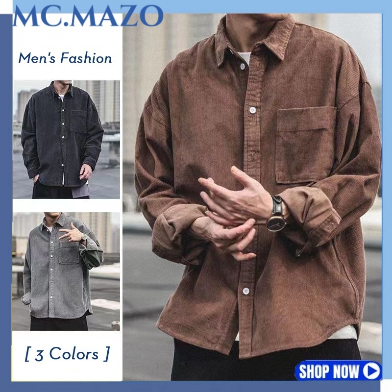 เสื้อเชิ้ตแขนยาวผ้าลูกฟูกสีทึบสําหรับผู้ชายพร้อมกระเป๋าหน้าอกเสื้อเชิ้ตติดกระดุมลําลองหนาสําหรับฤดูหนาวฤดูใบไม้ร่วง