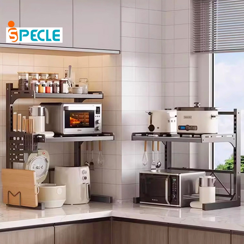 iSPECLE【สามารถปรับความสูงและความยาวได้】ชั้นวางไมโครเวฟ ชั้นวางของในห้องครัว แข็งแรงทนทาน