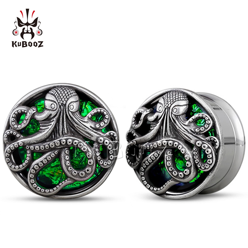 Kuboz 2PCS Punk ยอดนิยมสแตนเลส Octopus Blue Opal หูเจาะปลั๊กเครื่องวัด Expanders Body เครื่องประดับหูอุโมงค์เปล