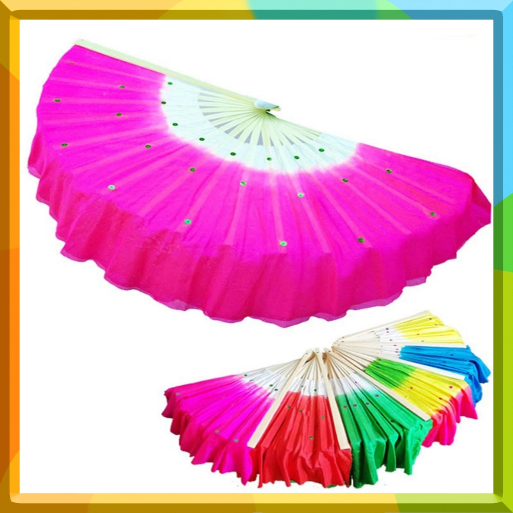 พัดลมผ้าไหมเต้นรําหน้าท้องขนาด 40 ซม | ผ้าคลุมสั้นไม้ไผ่ผ้าไหมแท้สําหรับผู้หญิง | สีไล่เฉดสี