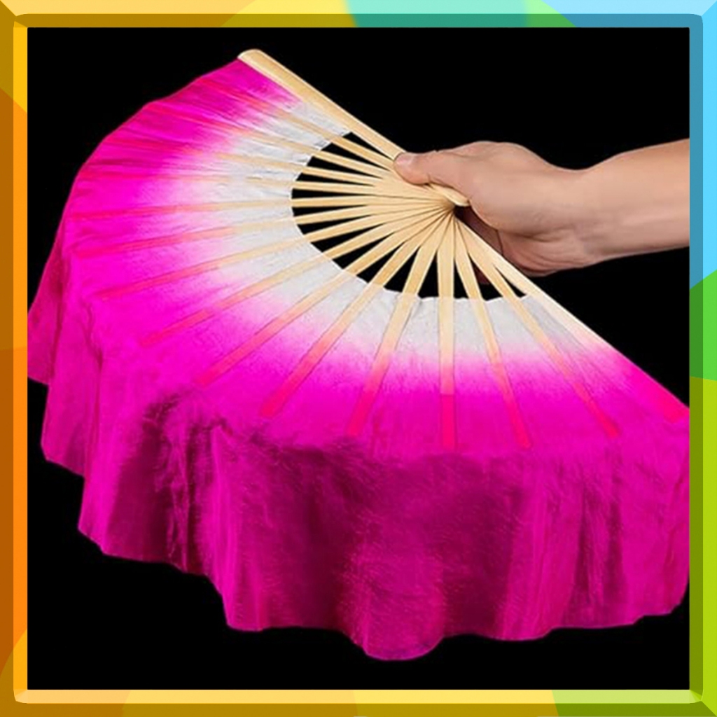 พัดลมผ้าไหมเต้นรําหน้าท้องขนาด 40 ซม | ผ้าคลุมสั้นไม้ไผ่ผ้าไหมแท้สําหรับผู้หญิง | สีไล่เฉดสี - รูปที่ 3