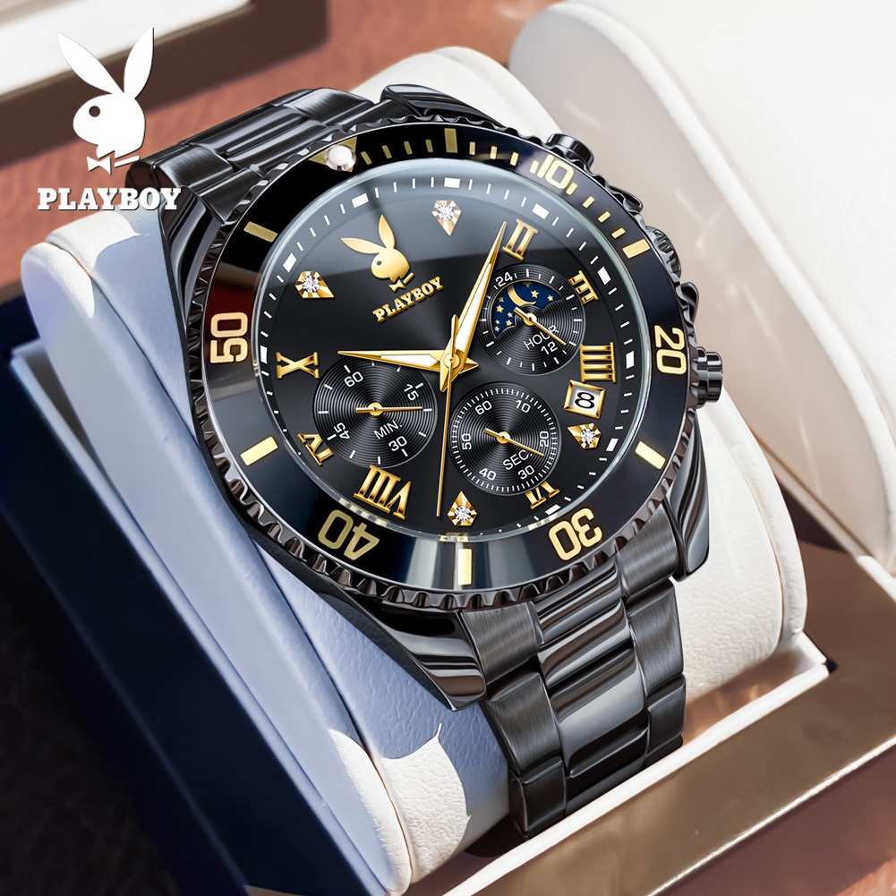 PLAYBOY นาฬิกา ผู้ชาย แฟชั่น watch 100% แท้ นาฬิกาข้อมือกันน้ำได้ มัลติฟังก์ชั่น สายสเตนเลส ควอตซ์ ทองดำ 3506