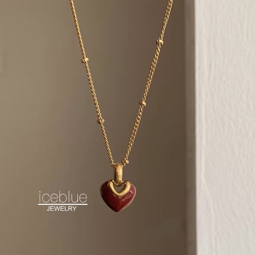 Iceblue-Red Heart จี้สร้อยคอ 18K Gold Plated กันน้ํา Non Tarnish เครื่องประดับ 316L สร้อยคอเหล็กไทเทเนียมสําหรับผู้หญิง N40