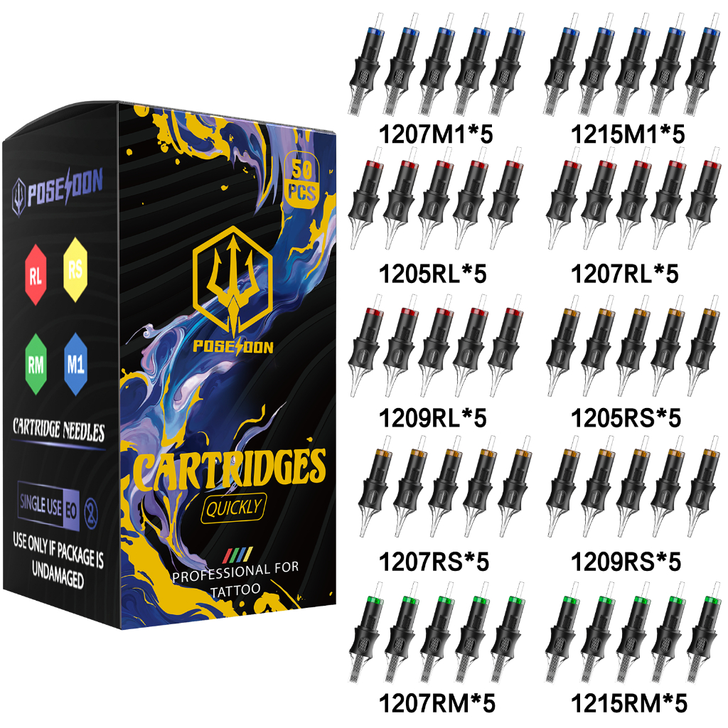 เข็มสัก POSEIDON, V5 ตลับสักเข็ม RL/RS/RM/M1 Mix ขนาด 50 ชิ้น/กล่อง,เข็มสักแบบใช้แล้วทิ้ง #12 คละมาตรฐานสําหรับเครื่องสัก