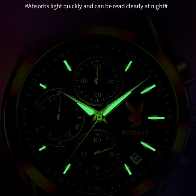 PLAYBOY นาฬิกาผู้ชาย กันน้ำได้ 100% สายหนัง แท้ แบรนด์ นาฬิกาข้อมือผู้ชาย สเตนเลส นาฬิกาชาย สีดำ 3042 - รูปที่ 3