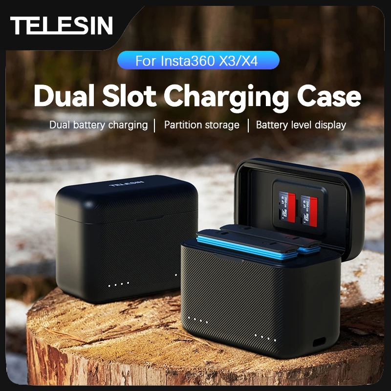 TELESIN มาใหม่TELESIN เครื่องชาร์จแบตเตอรี่แบบพกพาสําหรับ Insta360 X3 X4 แบตเตอรี่ 2 ช่อง TF Card