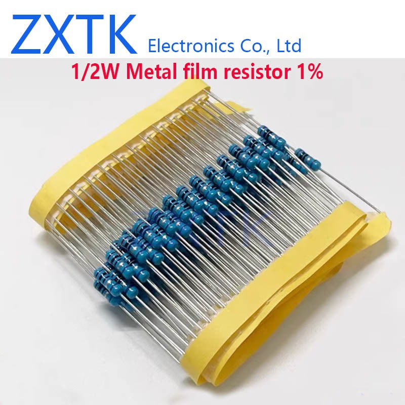 50pcs ตัวต้านทานฟิล์มโลหะ 1% 1/2W 1K-910K 1M-22M 1.5K 2K 3K 5K 10K 15K 36K 75K 220K 240K 300K 390K 4