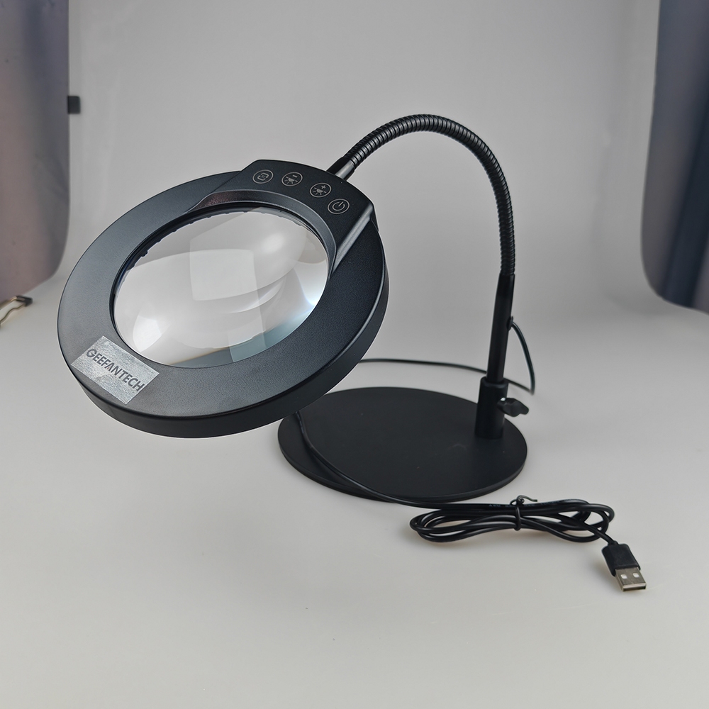 แว่นขยาย 10 เท่าพร้อมไฟและขาตั้ง - โหมด 5 สี Stepless Dimmable LED โคมไฟตั้งโต๊ะเรืองแสง, คอห่านยืดหยุ่นแบบแฮนด์ฟรีพร้อมไฟ