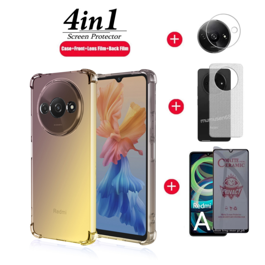 (4in1) สําหรับ Redmi A3 Poco C61 เคสโทรศัพท์สีไล่ระดับสี + Anti-SpyScreen Protector + ฟิล์มเลนส์ + ฟิล์มด้านหลัง