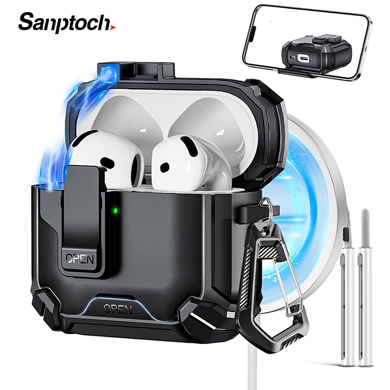 Sanptoch ใช้งานร่วมกับ Airpods 4th / Pro2 / 3rd Generation สําหรับ Mag ล็อคอัตโนมัติพร้อมขาตั้งโทรศัพท์และชุดทําความสะอาดสําหรับ Airpods Pro / 2 / 1 กันกระแทกคลุมทั้งหมดพร้อมเชือกเส้นเล็ก