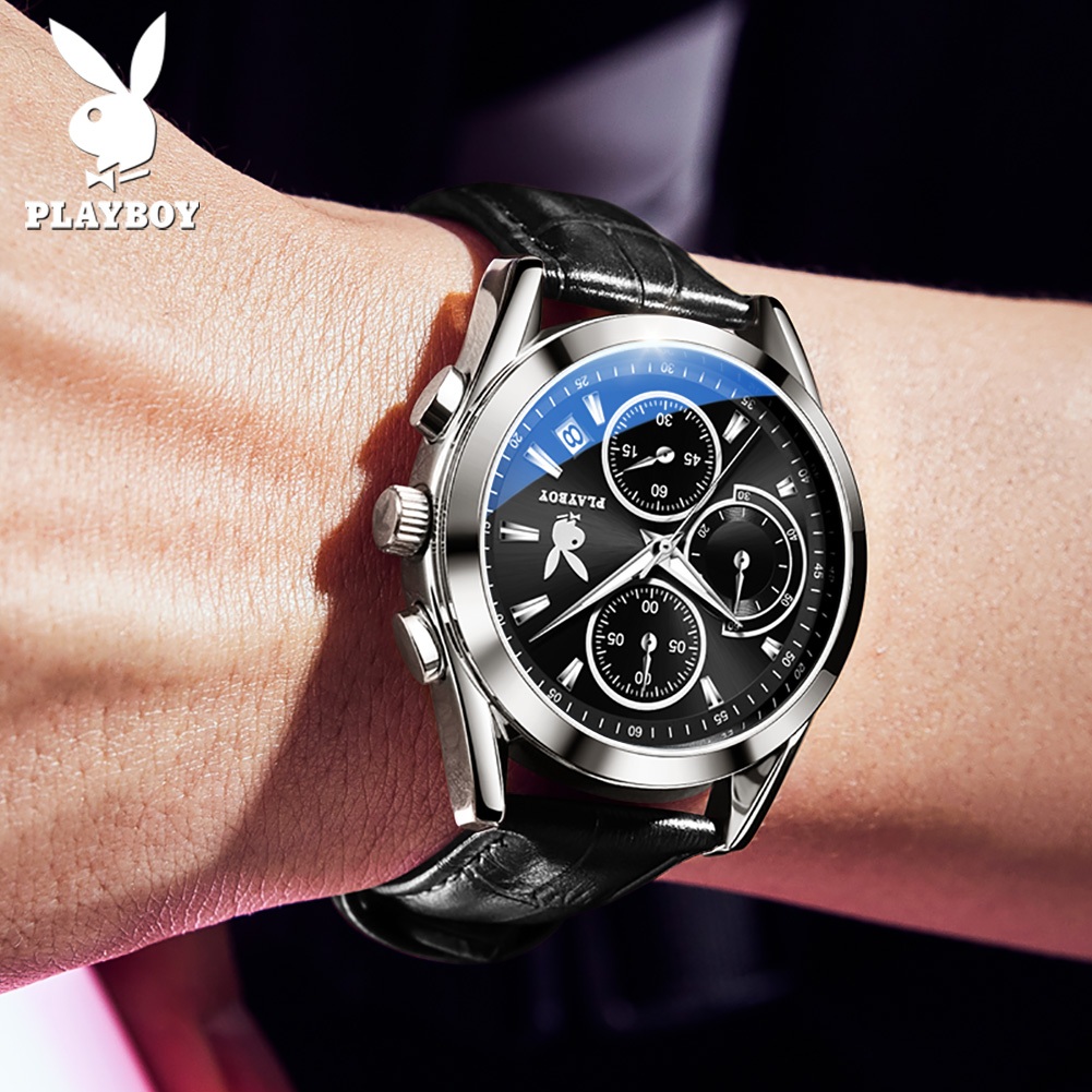 PLAYBOY นาฬิกาผู้ชาย กันน้ำได้ 100% สายหนัง แท้ แบรนด์ นาฬิกาข้อมือผู้ชาย สเตนเลส นาฬิกาชาย สีดำ 3042