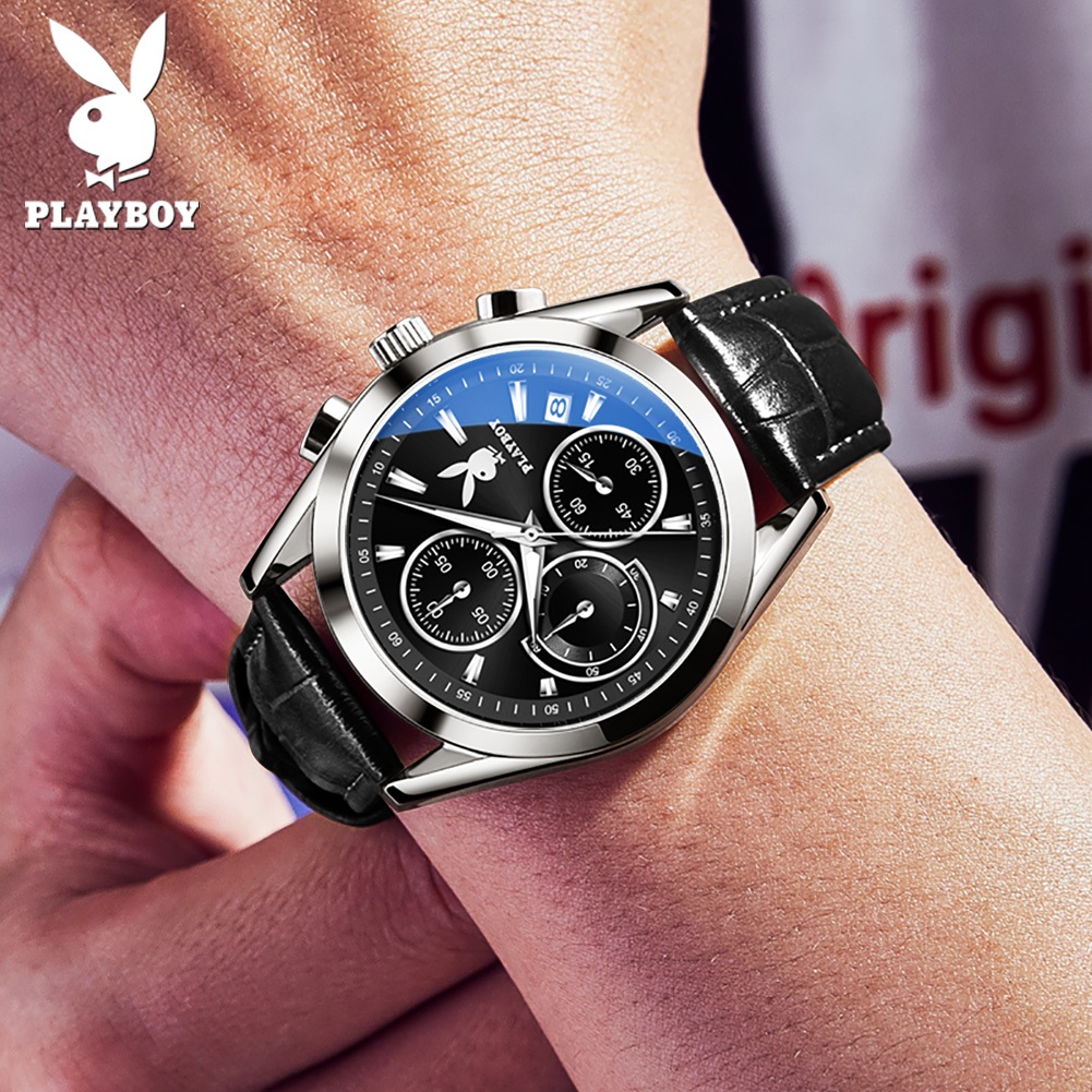 PLAYBOY นาฬิกาผู้ชาย กันน้ำได้ 100% สายหนัง แท้ แบรนด์ นาฬิกาข้อมือผู้ชาย สเตนเลส นาฬิกาชาย สีดำ 3042