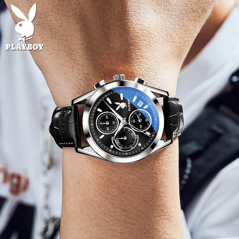 PLAYBOY นาฬิกาผู้ชาย กันน้ำได้ 100% สายหนัง แท้ แบรนด์ นาฬิกาข้อมือผู้ชาย สเตนเลส นาฬิกาชาย สีดำ 3042