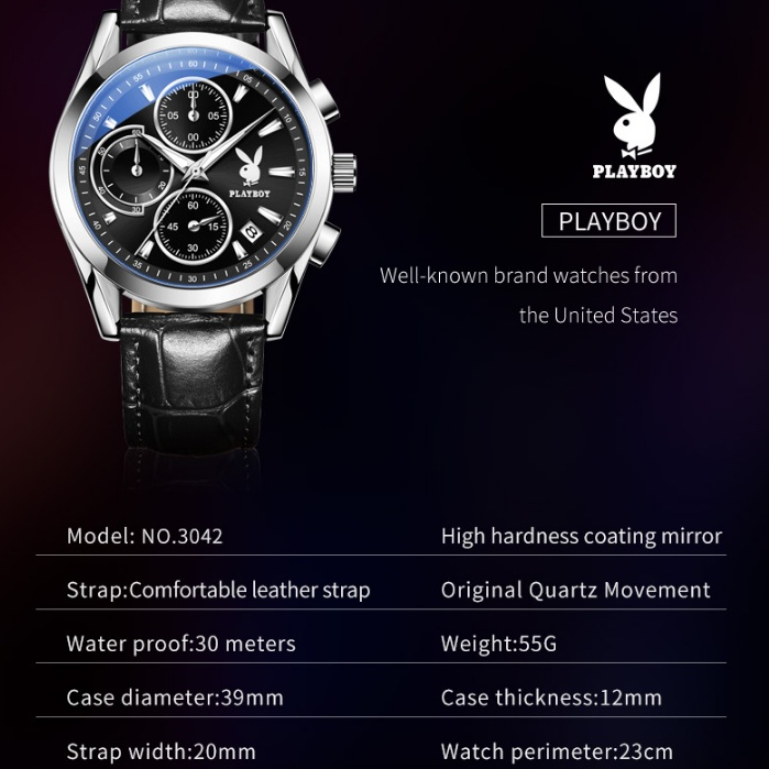 PLAYBOY นาฬิกาผู้ชาย กันน้ำได้ 100% สายหนัง แท้ แบรนด์ นาฬิกาข้อมือผู้ชาย สเตนเลส นาฬิกาชาย สีดำ 3042