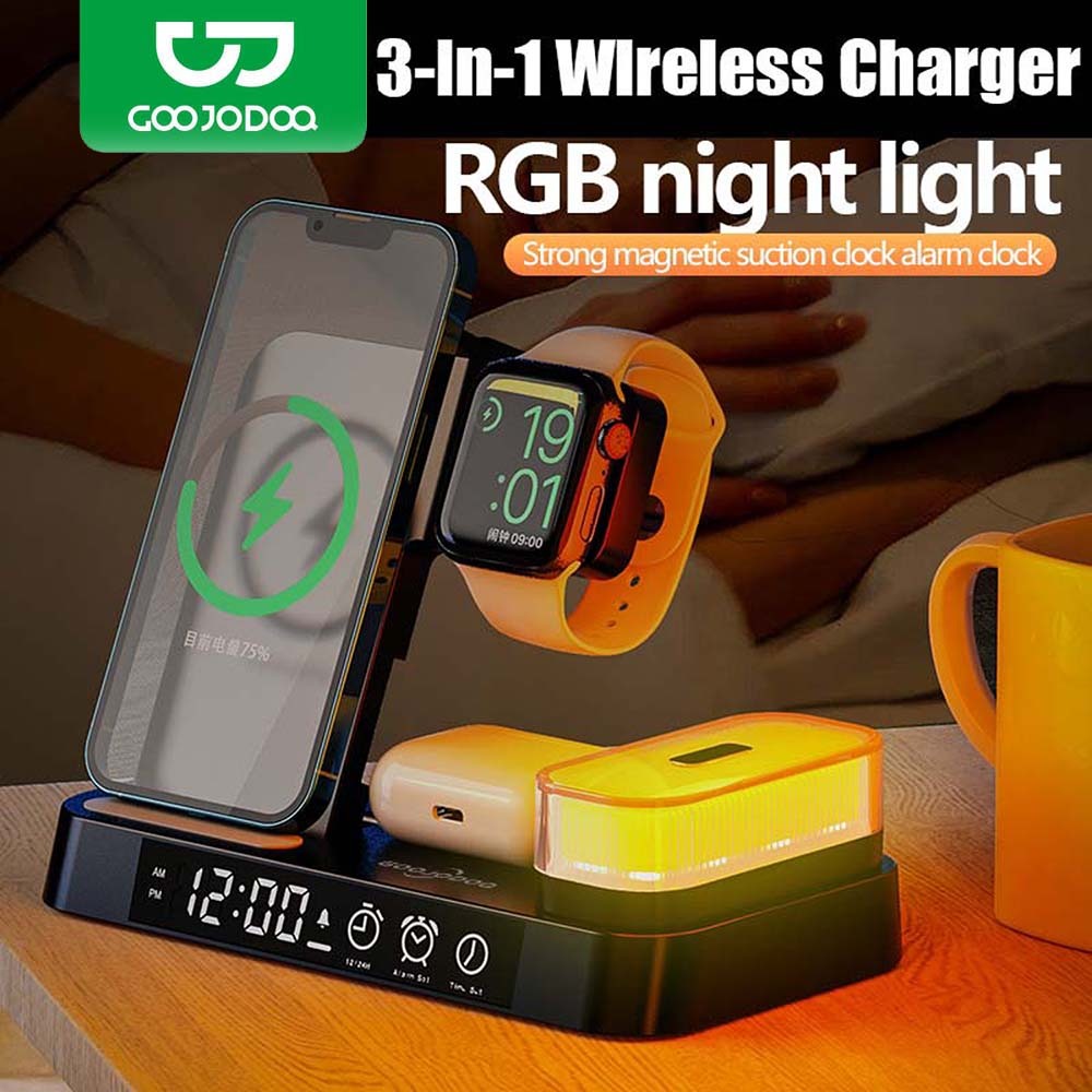 GOOJODOQ  4 in 1 แท่นชาร์จหูฟังไร้สาย พร้อมนาฬิกาปลุก และไฟกลางคืน สําหรับ iPhone Watch