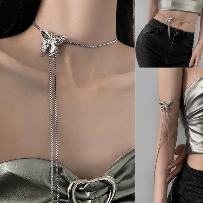 3 ใน 1แฟชั่นย้อนยุคยาวเสื้อกันหนาวโซ่สร้อยคอผีเสื้อเค้นคอสร้อยคอสแตนเลสปรับเข็มขัดเอวแขนโซ่สําหรับผู้หญิงวินเทจร่างกายเครื่องประดับของขวัญ