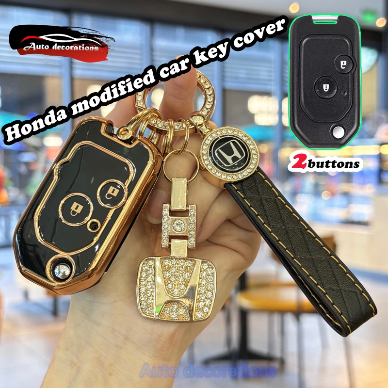 2 ปุ่ม  เคสกุญแจรถฮอนด้า สําหรับ Honda JAZZ CITY ACCORD CIVIC BRIO CRV ปลอกกุญแจ พวงกุญแจขอบทอง