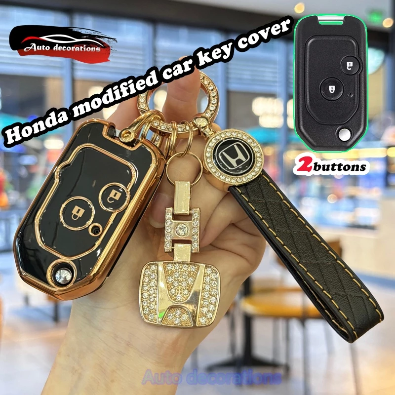 2 ปุ่ม เคสกุญแจรถฮอนด้า สําหรับ Honda JAZZ CITY ACCORD CIVIC BRIO CRV ปลอกกุญแจ พวงกุญแจขอบทอง