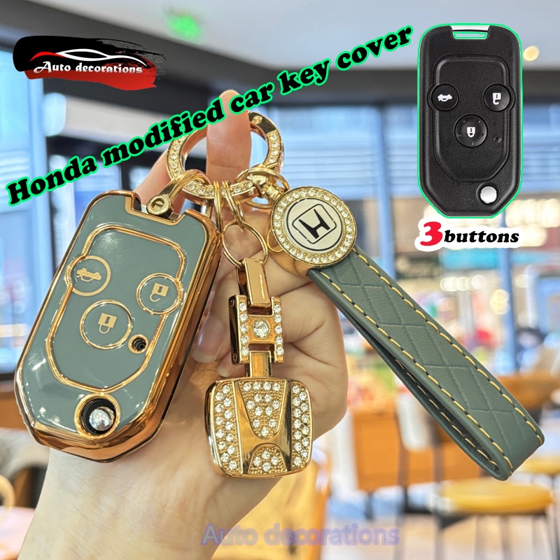 3 ปุ่ม  ปลอกกุญแจฮอนด้า พวงกุญแจขอบทอง สําหรับ Honda Accord City Jazz Brio Civic Crv เคสกุญแจ