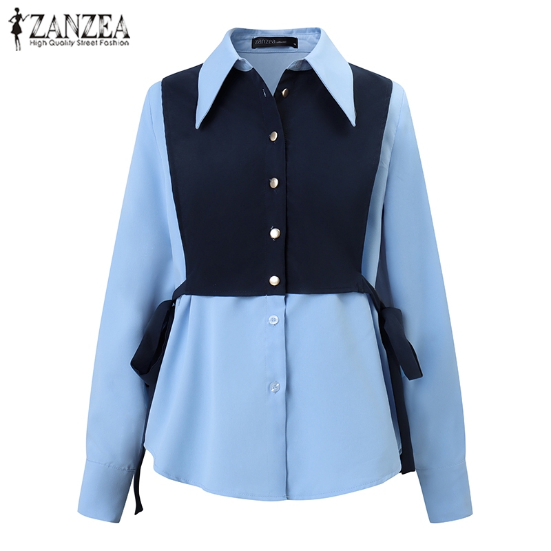 ZANZEA ใส่ ซานเซีย ผู้หญิงวินเทจสบายๆเปิดลงปกเสื้อแขนยาวเย็บปะติดปะต่อกันเสื้อ