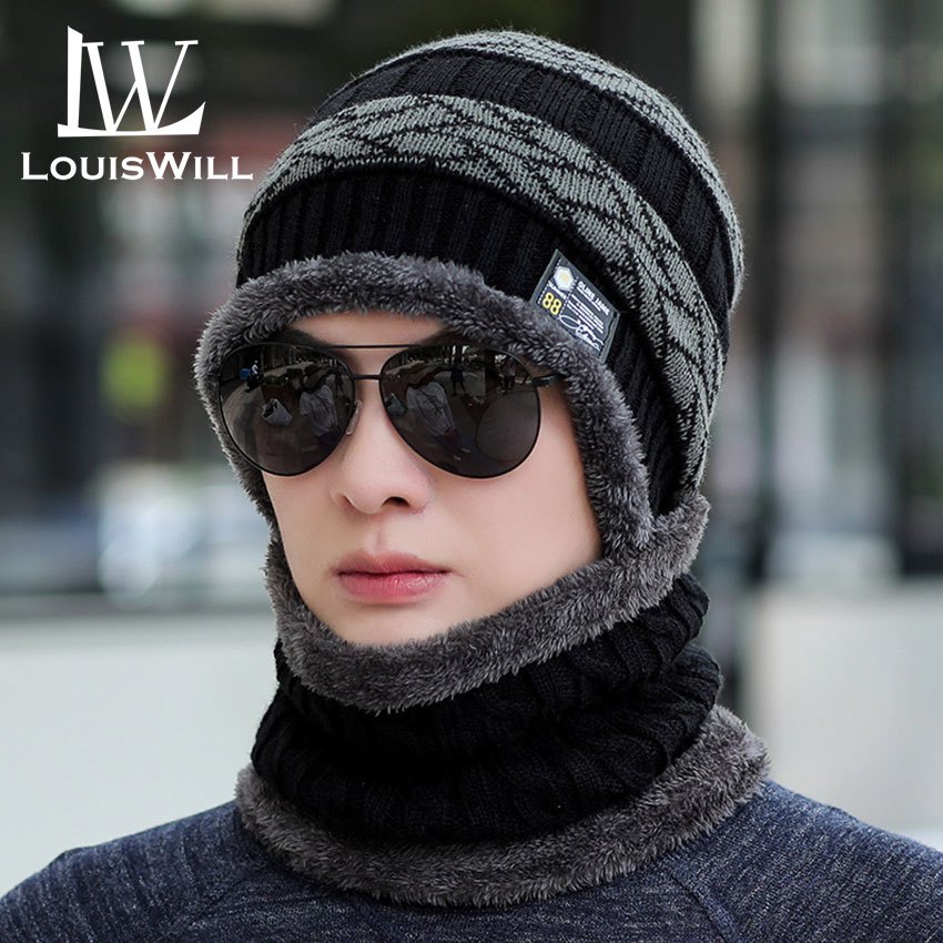 Louiswill 2 IN 1 หมวกบีนนี่ ผ้าพันคอ ผ้าขนสัตว์ถัก แบบหนา ให้ความอบอุ่น แฟชั่นฤดูหนาว สําหรับปีนเขา เล่นสกี ขี่จักรยาน เดินป่า