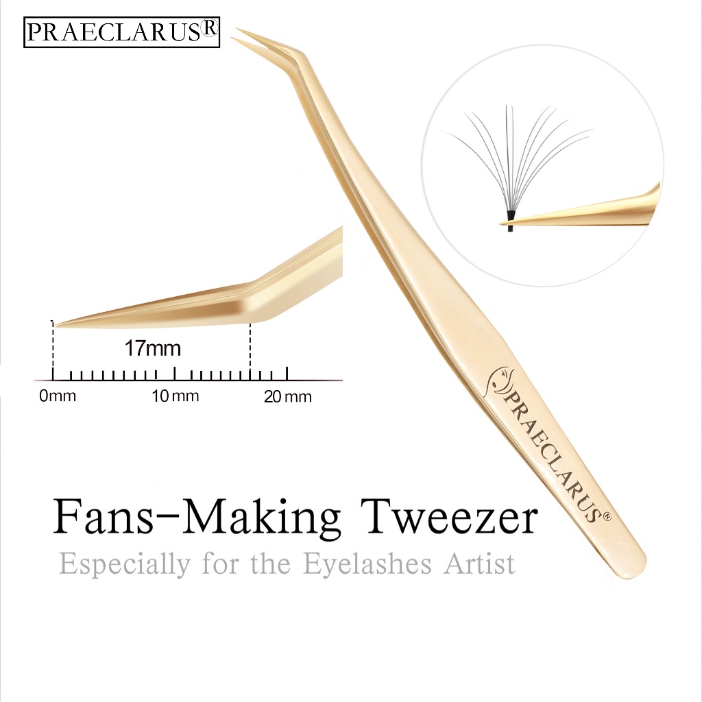 Praeclarus แหนบสําหรับต่อขนตาสแตนเลสตรงโค้งเล็บเครื่องมือแหนบปริมาณแฟนขนตา Golden Series แหนบเครื่องมือแต่งหน้า
