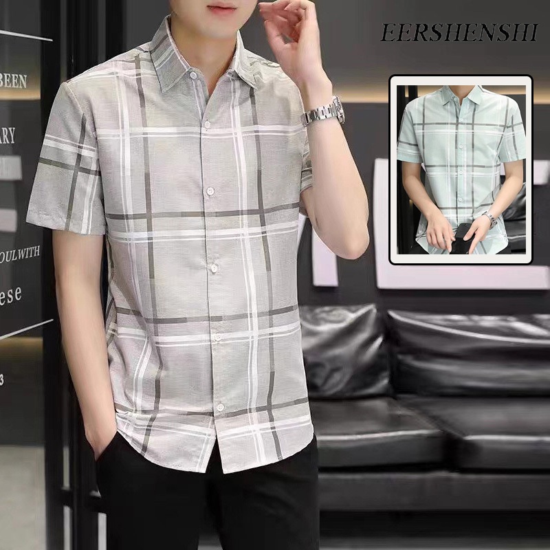 Eershenshi เสื้อเชิ้ตผู้ชายลายสก๊อตลําลองธุรกิจผ้าฝ้ายที่เป็นผู้ใหญ่เบาอเนกประสงค์ลําลองด้านบน