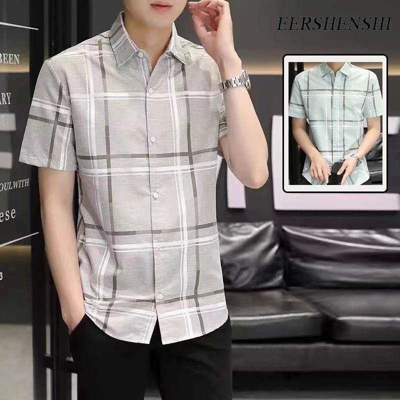 Eershenshi เสื้อเชิ้ตผู้ชายลายสก๊อตลําลองธุรกิจผ้าฝ้ายที่เป็นผู้ใหญ่เบาอเนกประสงค์ลําลองด้านบน