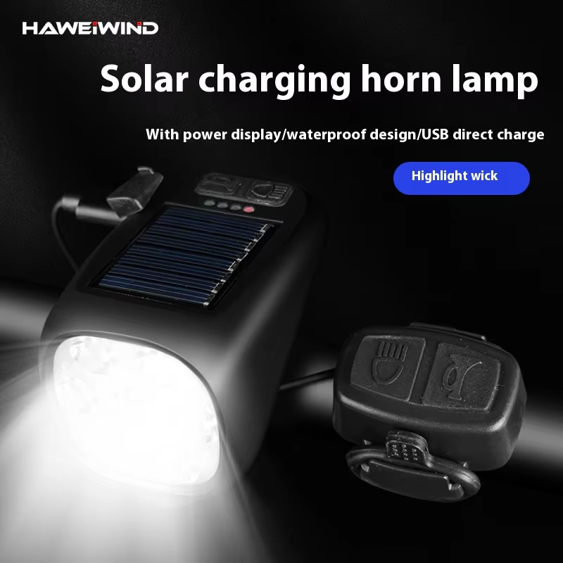 ขี่จักรยาน 7-LED พลังงานแสงอาทิตย์ + USB ไฟหน้าแตรแบบชาร์จไฟได้พร้อมจอแสดงผล Lumens สูงสําหรับจักรยานเสือภูเขา - เตือนแตรขี่กลางคืน