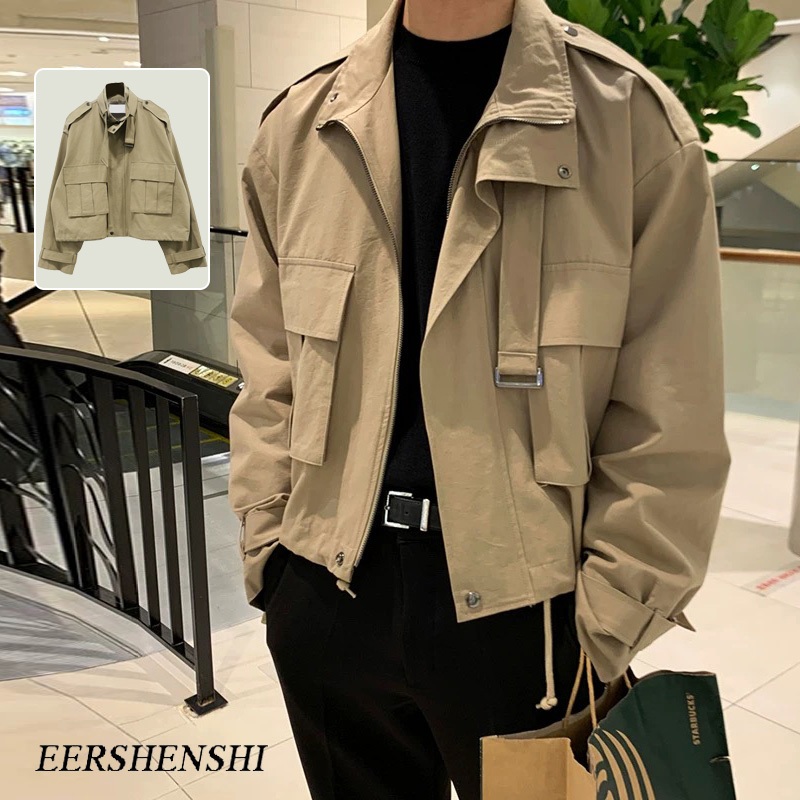 Eershenshi oung Shell Jacket เสื้อโค้ทสั้นผู้ชายใหม่สไตล์เกาหลีหลวมอินเทรนด์เสื้อแจ็คเก็ตคอตั้ง