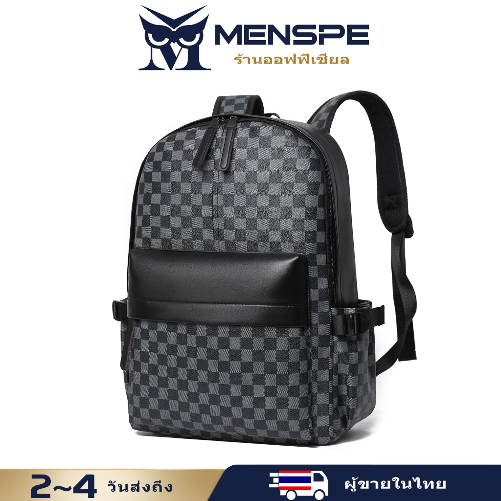 Menspe กระเป๋าเป้สะพายหลังแล็ปท็อปบุรุษกระเป๋าเป้สะพายหลัง PU ธุรกิจกริดการออกแบบรูปแบบการออกแบบวิทยาลัยการเดินทางกระเป๋าเป้สะพายหลัง