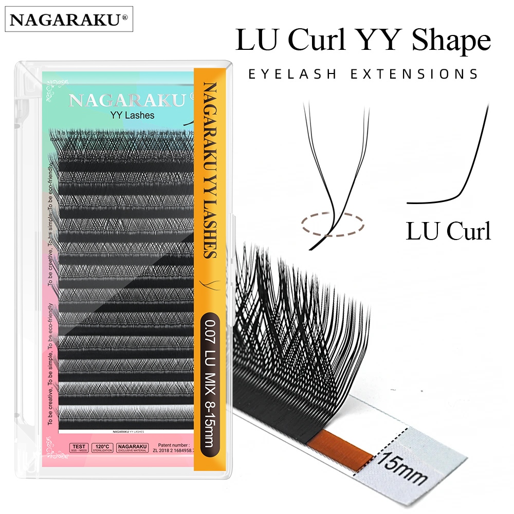 NAGARAKU YY LUshape ต่อขนตา 0.07 ความหนา YY 8-12 ผสม Mink ธรรมชาติ Crisscross ทอมือพัดลมง่าย self fanning 4D ขนตาปลอม