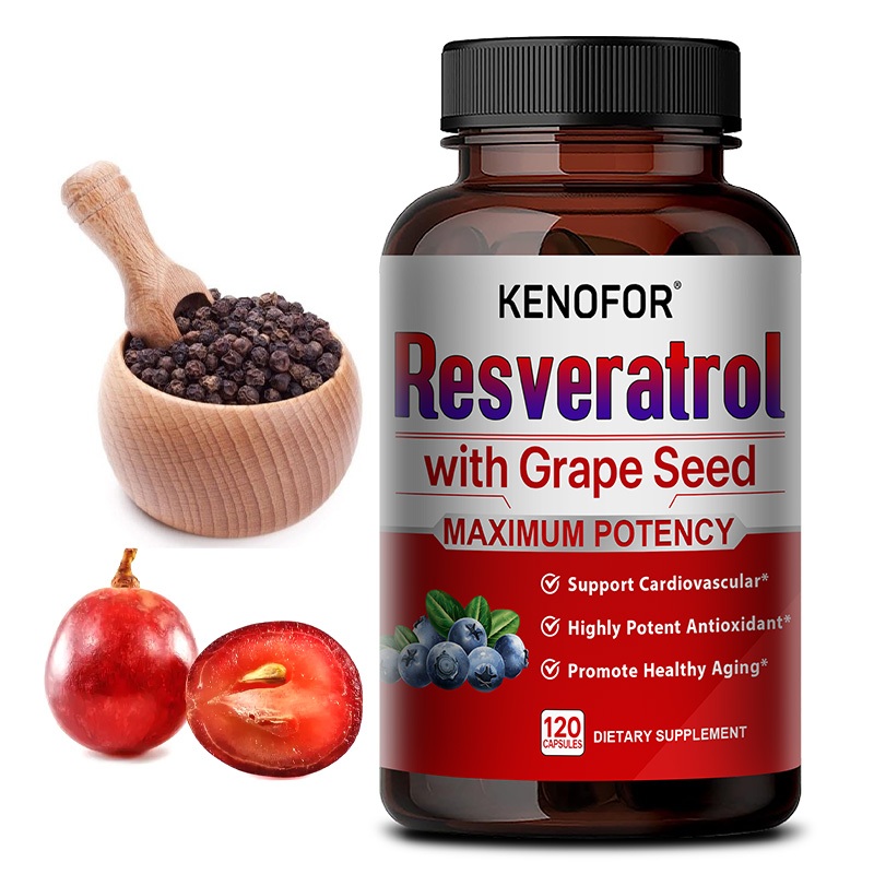 Kenofor Resveratrol พร้อมแคปซูลโภชนาการเมล็ดองุ่น รองรับผิวอ่อน รองรับภูมิคุ้มกัน รองรับไมโอคาร์เดียล 30 60 120 แคปซูล