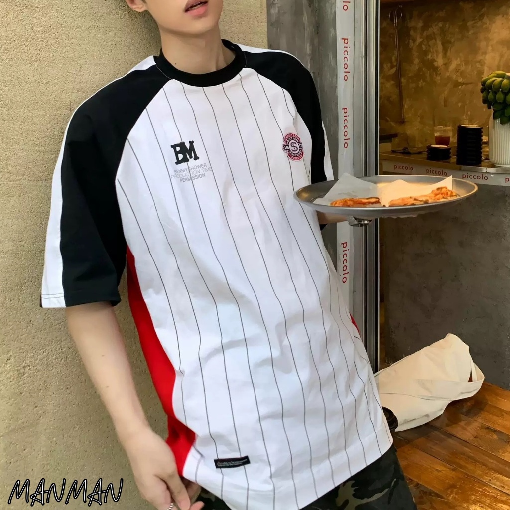 M&M สไตล์ไฮสตรีท คอกลม เสื้อลายทางผู้ชาย ยอดนิยม เย็บสามสี